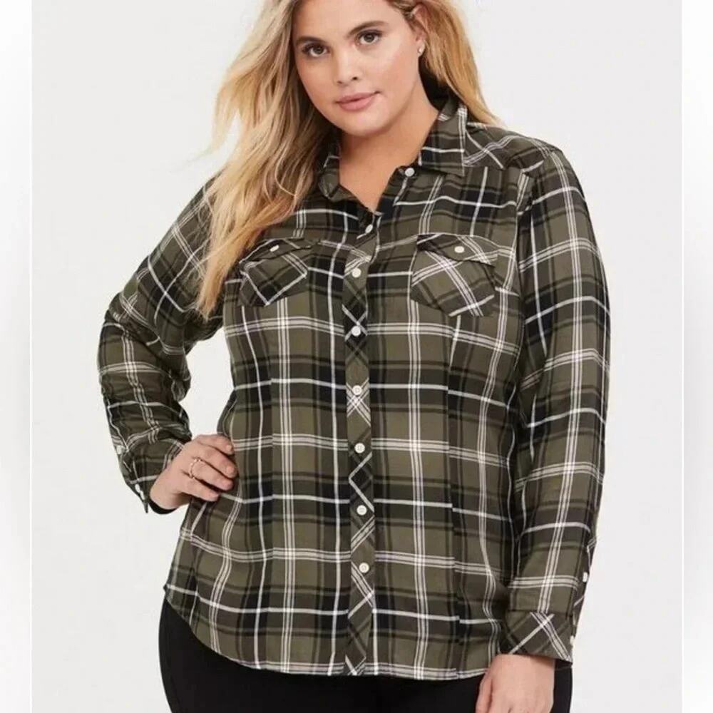 Torrid Challis Button up Olive Green Plaid Long Sleeve Shirt rayon fall plus sz
